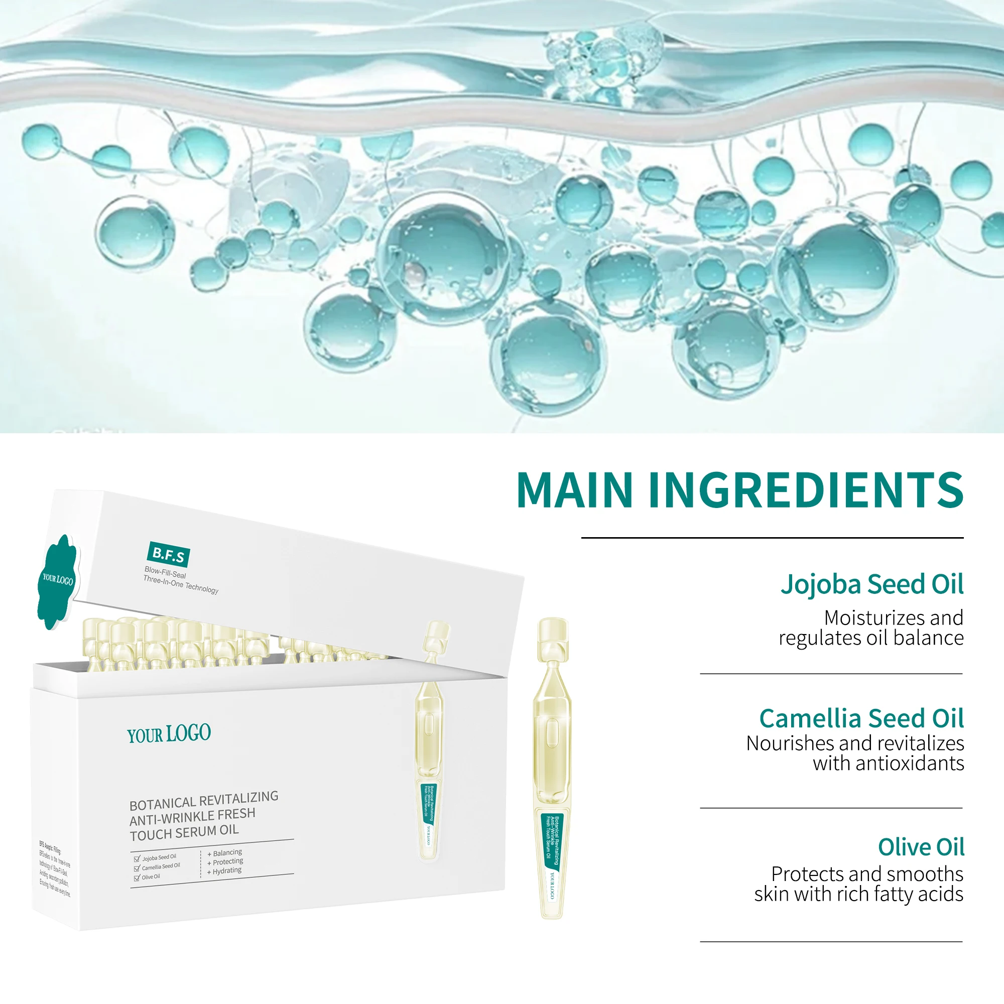 Vegan Jojoba Seed Oil Botanical Revitalizing Anti-Wrinkle Face Vials Serum Oil with Olive Oil for Loss of Elasticity Skin Care