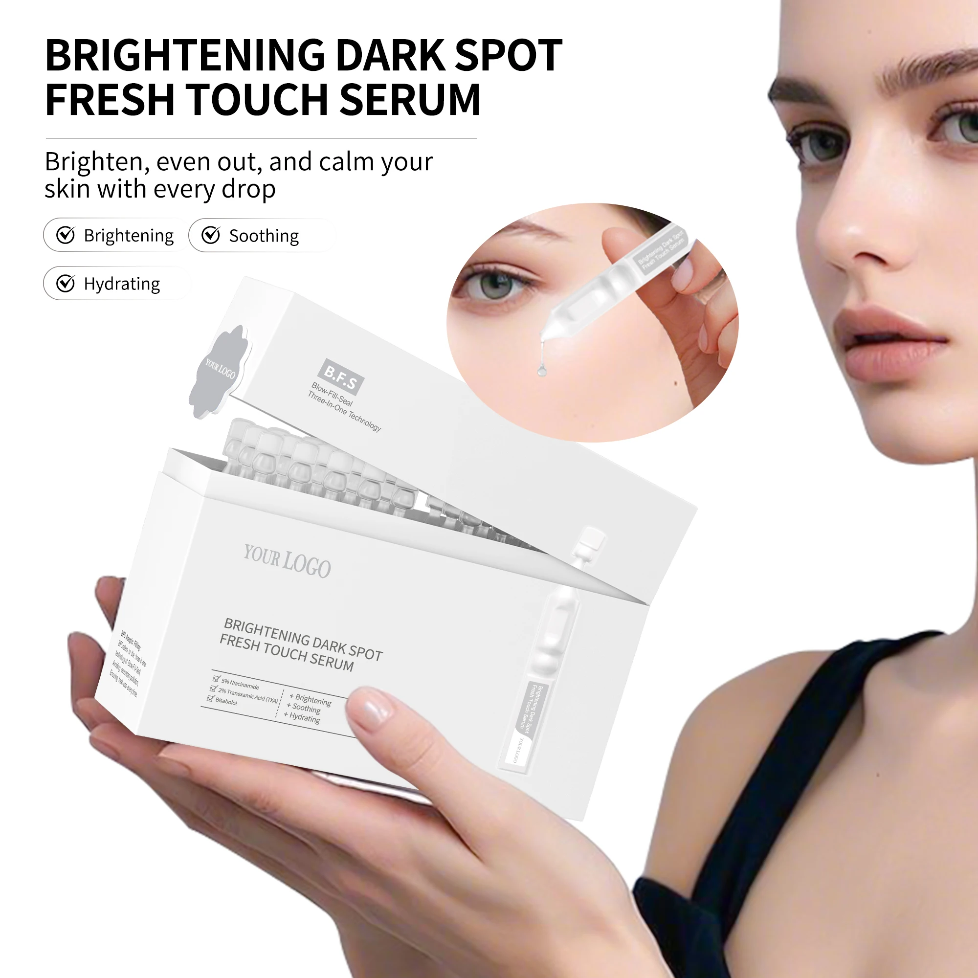 GMPC Factory 5% Niacinamide 2% Tranexamic Acid Brightening Face Ampoule Serum Soothing Paraben Free OEM MoCRA Ready